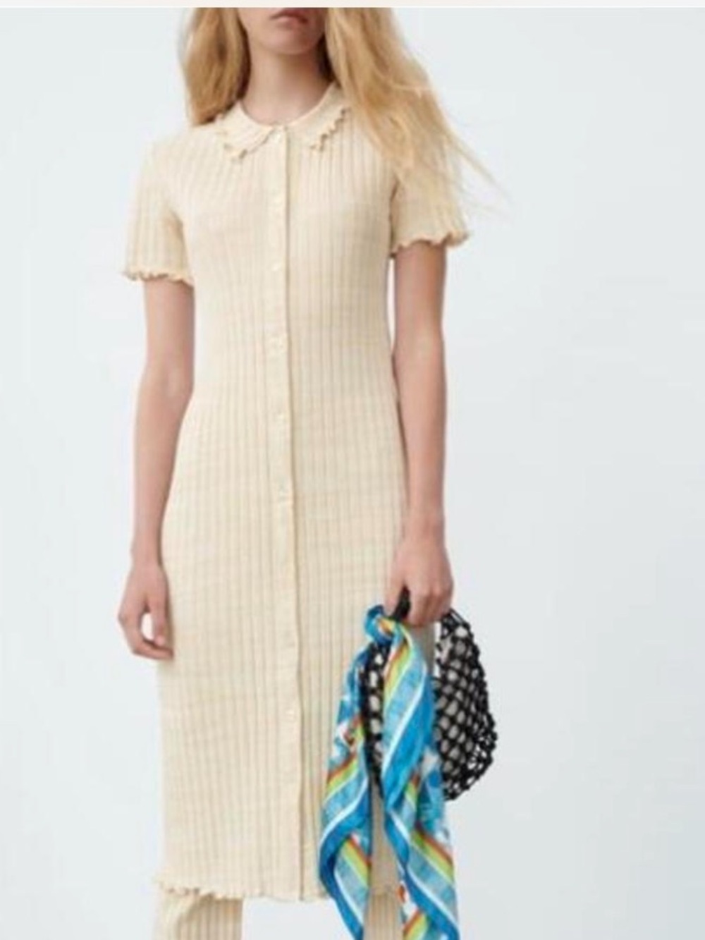 Zara Cream Ribbed Polo Button-Front Midi Dress size medium